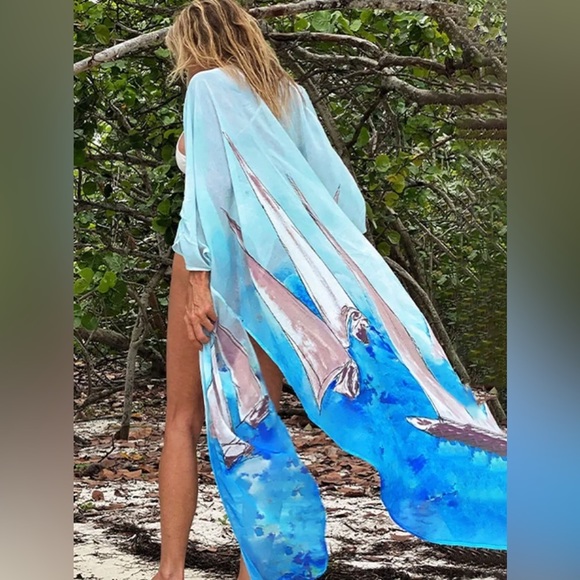 Luxury Sailboat Two-Piece Chiffon Set Kimono & Pants - Picture 7 of 8